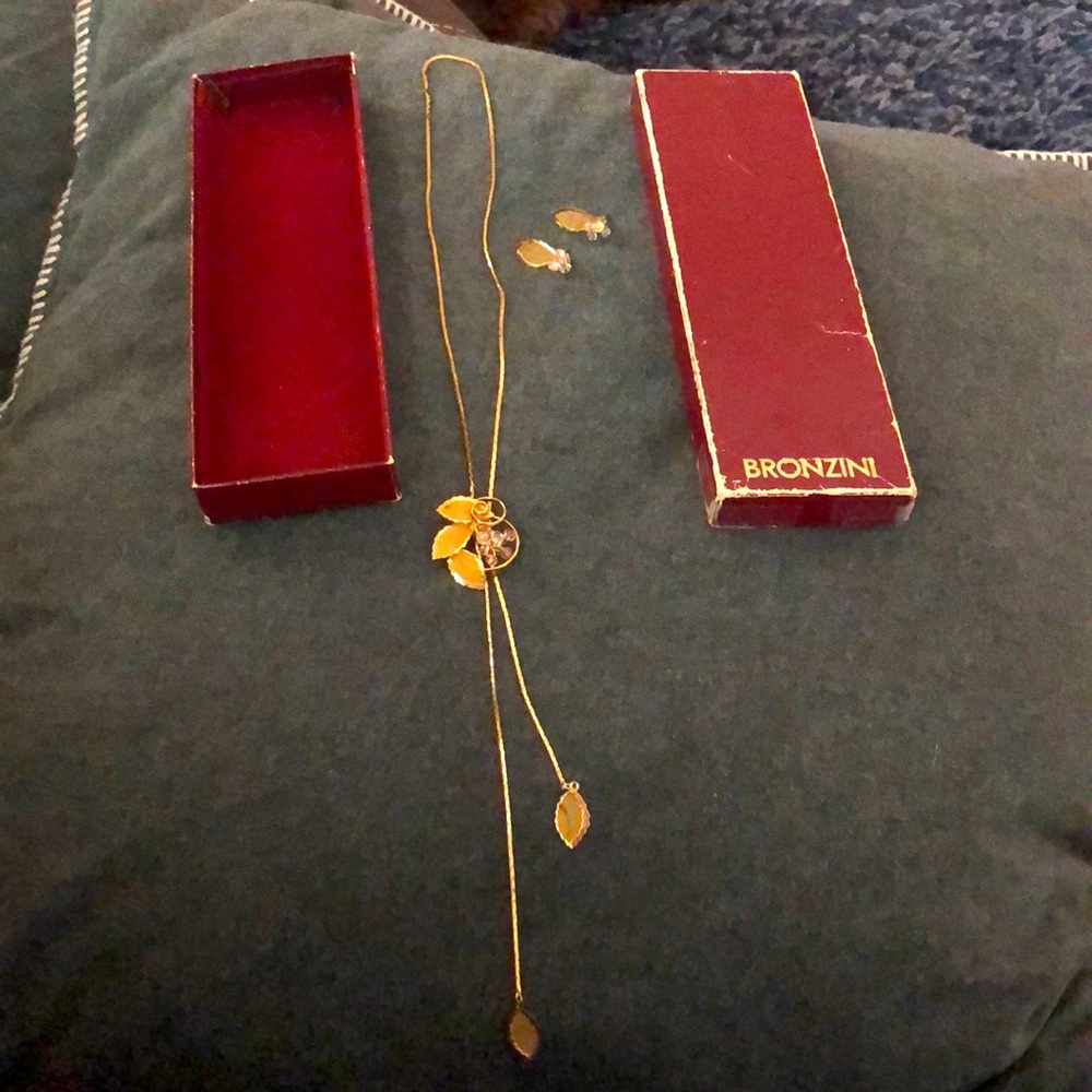 Bronzini 14 kt gold overlay Leaf and Crystal  Necklace and Earrings